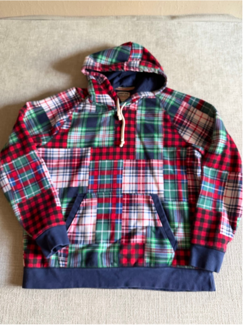 Lands' End Serious Sweats patchwork plaid pullover hoodie sweatshirt size large - Picture 2 of 11